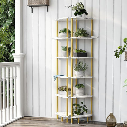 6 Tier Corner Shelf, 66.5'' Tall Standing Shelf, Narrow Display Shelf Stand, Modern Corner Bookshelf, Plant Stand, Corner Bookcase for Living Room, Bedroom, Bathroom, Gold and White LCS502GC