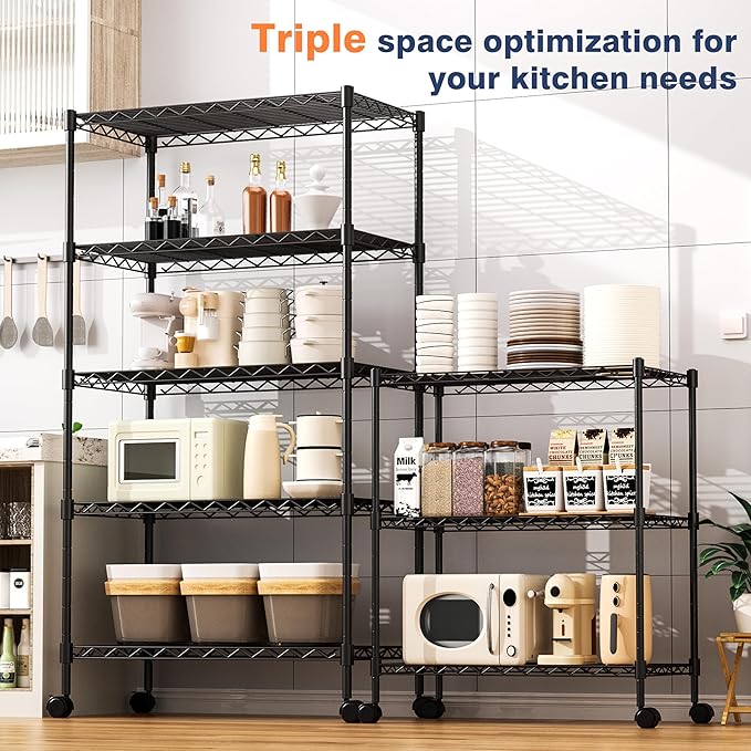 3-Tier Wire Shelf Rack,24" Dx14 Wx 30" H,Wire Metal Shelving with Lockable Wheels,Height Adjustable Storage Sranding Shelves for Kitchen,Living Room,Laundry,Office,Pantry,Studio,Black