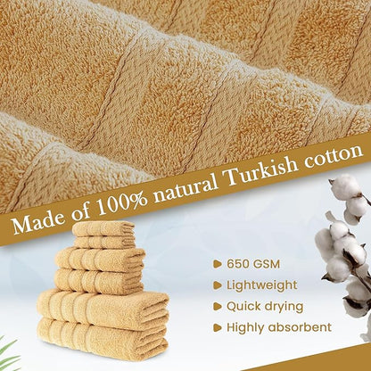 HALLEY Turkish Towels Set (6 Pieces) 650 GSM Highly Absorbent Super Soft 100% Cotton - 2 Bath Towels, 2 Hand Towels 2 Washcloths (Yellow)