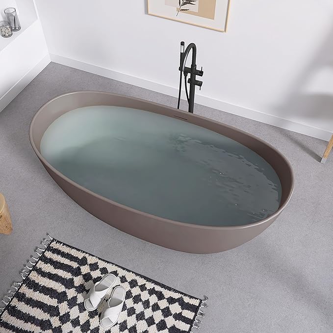 SJ STAR&JANE 65" Solid Surface Freestanding Bathtub Stone Resin Soaking Tub Gray Coffee Double Slippers Stand Alone Oval Tub with Pop-up Drain and Overflow for Bathroom