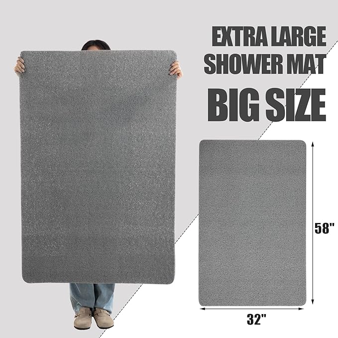 HOMBYS 58 x 32 Extra Large Shower Mat for Shower Stall Tub, Non Slip Bath Mat Bathroom Accessories, PVC Loofah Mats for Shower and Bathroom, Quick Drying, (Grey, 58"x32")