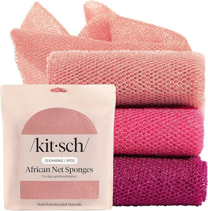 Kitsch African Net Sponge – Exfoliating Body Scrubber for Cleansing & Gentle Daily Exfoliation – Stretchable Bath Sponge for Hard-to-Reach Areas, Long-Lasting Shower Essential - Berry Pink, 3 Pcs