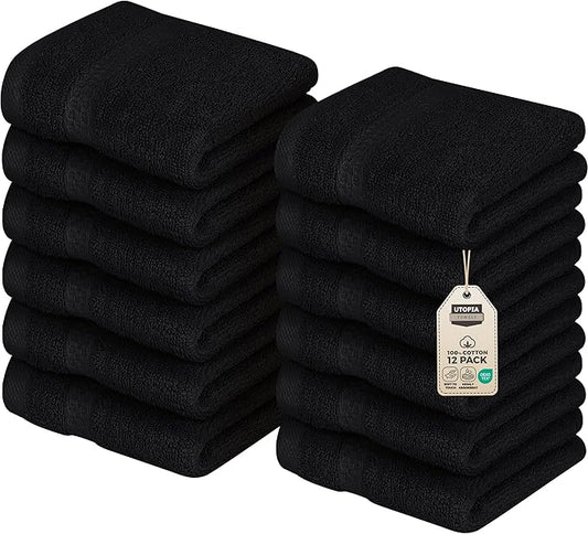 Utopia Towels 12 Pack Premium Wash Cloths Set, 12 by 12 Inches, 100% Cotton Ring Spun, Highly Absorbent and Soft Feel Essential Washcloths for Bathroom, Spa, Gym, and Face, Black