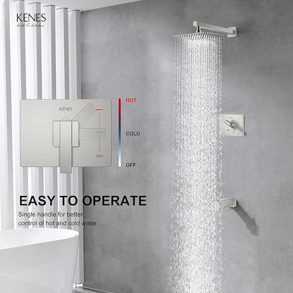 KENES Brushed Nickel Tub Shower Faucet Set Complete, Tub and Shower Trim Kit with 10-Inch Rain Shower Head, Square Shower System, KE-6024A (Shower Valve Included)