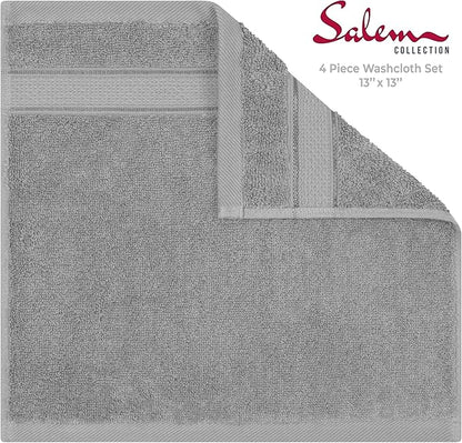 American Soft Linen Salem Washcloth Sets, 4 Piece Luxury 600 GSM 100% Cotton Washcloths for Bathroom, 13x13 inches Washrags Premium Quality Hand Face Towels, Light Grey