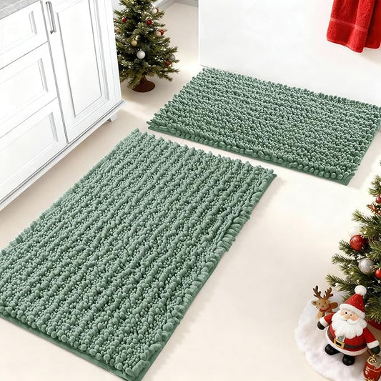 Yimobra Bathroom Rugs Sets 2 Piece - Quick Dry Extra Thick Luxury Chenille Bath Mat, Non Slip Super Absorbent for Tub Shower Sink, Machine Washable Shaggy Floor Mat, 32"x20"+24"x17" Inch, Green