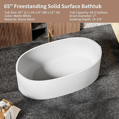 Abruzzo 65" Matte White Freestanding Solid Surface Bathtub, Stone Resin Freestanding Bath Tub with Overflow and Pop-up Drain