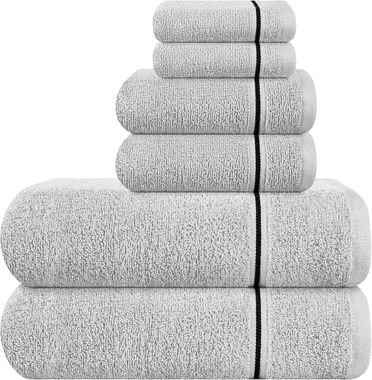 MyOwn Ultra Soft 6 Pack Cotton Towel Set, Contains 2 Bath Towels 28x55 inch, 2 Hand Towels 16x24 inch & 2 Wash Coths 12x12 inch, Ideal Everyday use, Compact & Lightweight - Light Grey