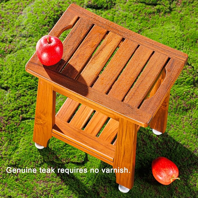 24" Large Teak Shower Bench with Shelf & Handle - Waterproof Spa Stool, Non-Slip Leveling Feet & 300 lbs Capacity - for Showers, Saunas/Steam Rooms & Outdoor Pools (Patented)