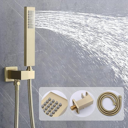Temperature Display Brushed Gold Shower System Set, Push Button Shower Faucet with 2 Rainfall Shower Head(12+8 inch), with Handheld Shower