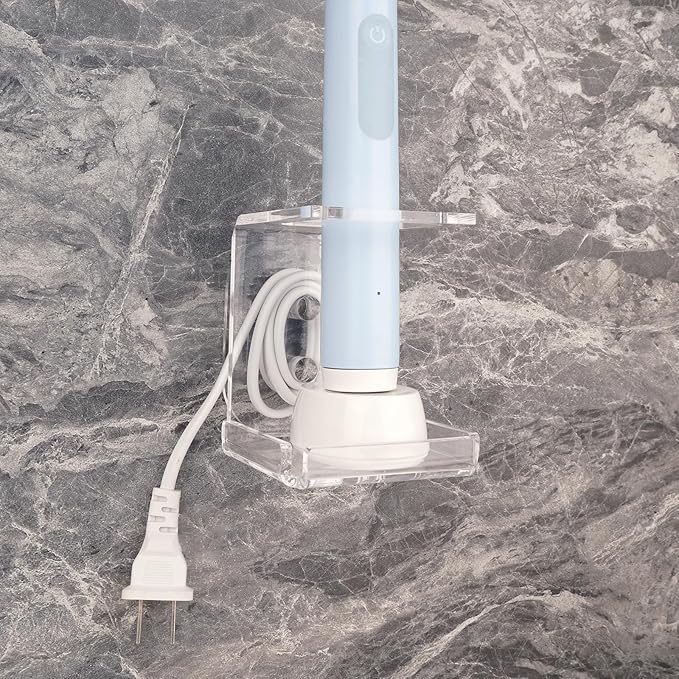 Electric Toothbrush Holder Wall Mounted, Electric Toothbrush Cord Organizer Holds 1 Chargers, Self Adhesive Electric Toothbrush Stand for Bathroom, Medicine Cabinet, Dorm(Clear)