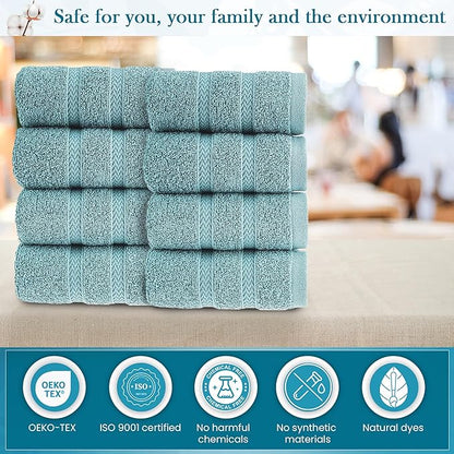 HALLEY Turkish 8 Pack Premium Washcloths (8 Pieces) 650 GSM Highly Absorbent Super Soft 100% Cotton - 8 Washcloths (Turquoise)