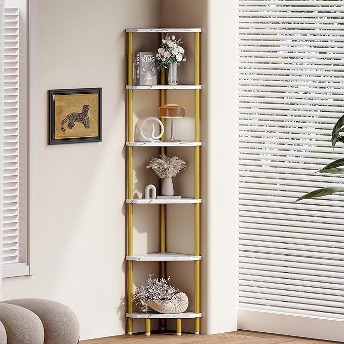 6 Tier Corner Shelf, 66.5'' Tall Standing Shelf, Narrow Display Shelf Stand, Modern Corner Bookshelf, Plant Stand, Corner Bookcase for Living Room, Bedroom, Bathroom, Gold and White LCS502GC