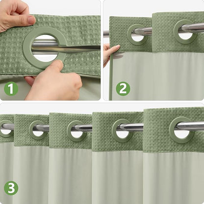 No Hook Waffle Weave Shower Curtain Set with Snap-in Fabric Liner and Mesh Top Window,256GSM Heavy Duty Fabric,Green Washable Luxury Shower Curtain for Bathroom Stalls (72x75 Inch)