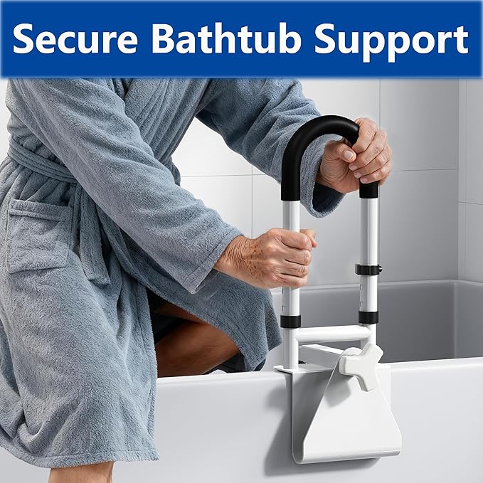 Adjustable Bathtub Safety Rail: Shower Grab Bar Handle for Seniors, Elderly, Disabled, Fits 3.1 to 6.7 Inch Tub Walls, Bathroom Safety Bars with Non-Slip Grip, Supports 300 lbs