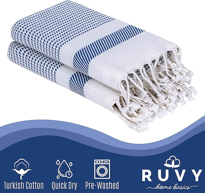 Ruvy Home Basics Turkish Hand Towels for Bathroom Set of 2 | 18"x40", Cotton | Decorative Towel for Bathroom, Kitchen, Dishcloth, Tea, Yoga, Face, Gym - Navy