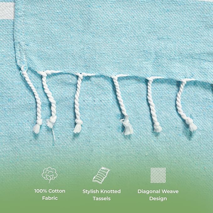 Turkish Cotton Beach Towel Pack of 6 & 1 Boho Tote Bag - Hammam Towels - No Shrink - Quick Dry - Lightweight - Sand Free - Camping - Pool - Tanning - Beach Essentials - Sky Blue (40"x70")