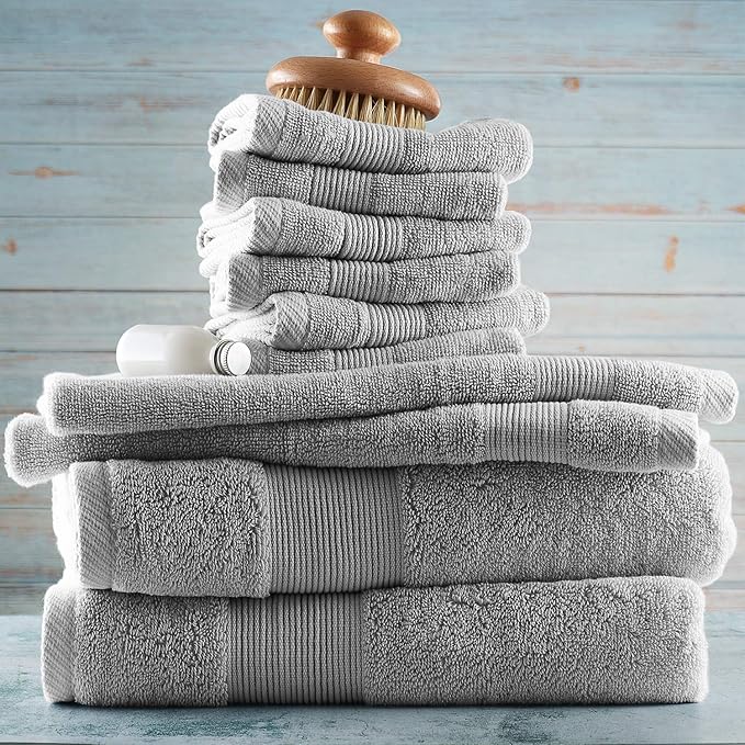 Hearth & Harbor Bath Towels for Bathroom - 100% Ring Spun Cotton Luxury Bathroom Towels - Ultra Soft & Highly Absorbent, Bath Towels Set of 10 - Silver Gray