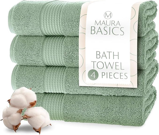 MAURA Basics Performance Bath Towels 100% Turkish Cotton with Hook Loops. Extra Large Luxury Absorbent Plush Towel Sets for Bathroom, Daily Use American Standard Size 27”x54”, Sage Green