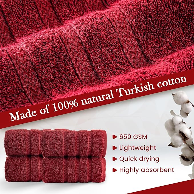 HALLEY Turkish 4 Pack Premium Hand Towels (4 Pieces) 650 GSM Highly Absorbent Super Soft 100% Cotton - 4 Hand Towels (Red)