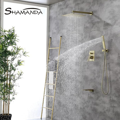 SHAMANDA Shower System with Waterfall Tub Spout and Handheld Shower Head, 12" Rain Shower Faucet Sets Complete with Shower Round-in Valve and Trim Wall Mount, Brushed Gold, L101-3