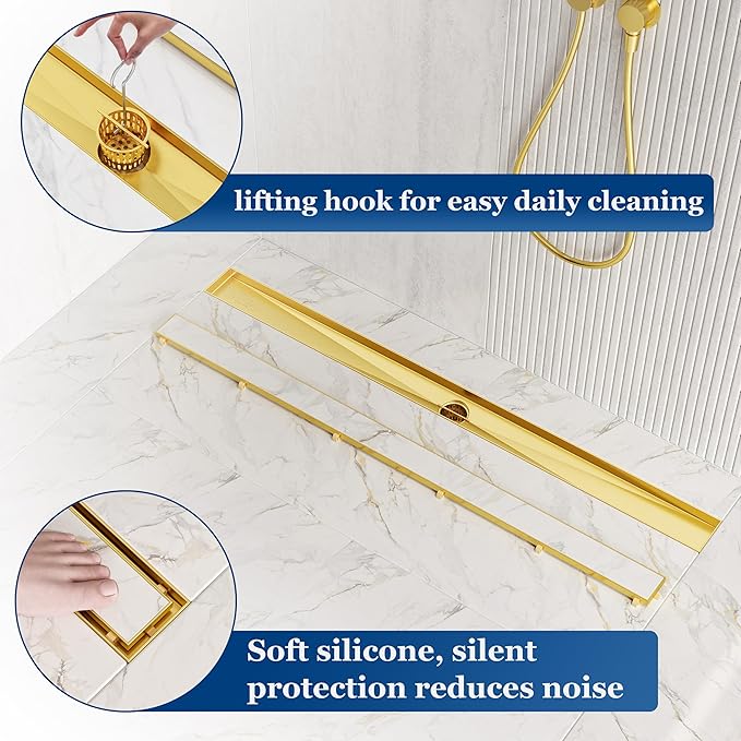 Neodrain 36-Inch Linear Shower Drain with Tile Insert Grate, Golden 304 Stainless Steel Rectangle Shower Floor Drain, Linear Drain with Leveling Feet, Hair Strainer