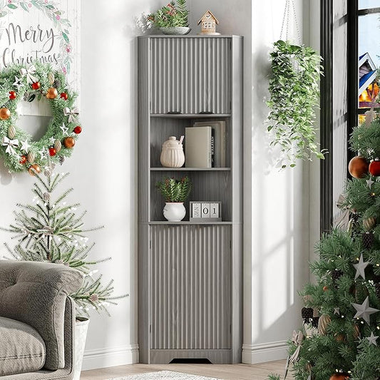 Fameill Tall Corner Cabinet with 2 Doors and 2 Open Storage Shelves, 68” Corner Storage Cabinet with Fluted Door Design, Home Space Saver for Living Room, Bathroom, Kitchen, Laundry, Grey