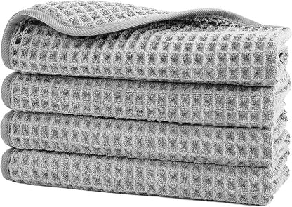 POLYTE 430 GSM Microfiber Lint Free Washcloth Face Towel, 13 x 13 in, 4 Pack (Waffle Weave)