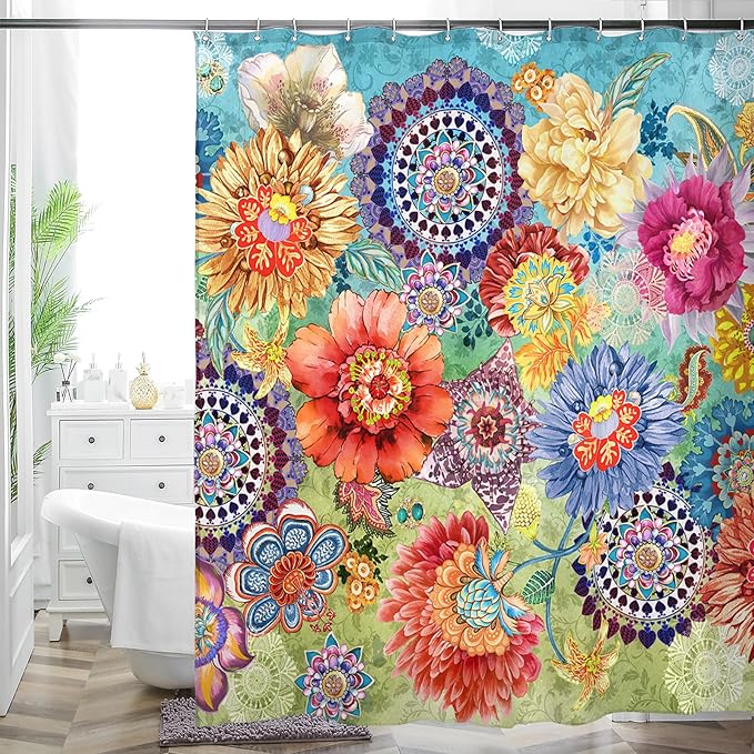 Bohemian Shower Curtain, Boho Floral Print Water Repellent Polyester Fabric for Bathroom Decor, 72×72 Inch Standard Size with 12 Hooks, Also as Room Divider