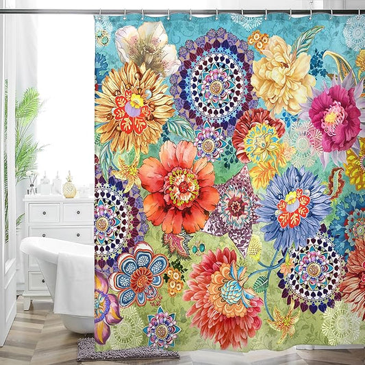 Bohemian Shower Curtain, Boho Floral Print Water Repellent Polyester Fabric for Bathroom Decor, 72×72 Inch Standard Size with 12 Hooks, Also as Room Divider