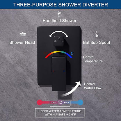 Shower System Bathtub Shower Faucet Set with Tub Spout, Matte Black 10" Shower Head Hand Held Bathroom Rain Mixer Tub Shower Combo Set Wall Mounted with Valve