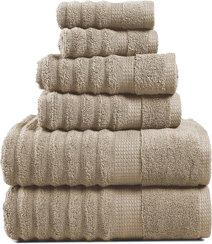LANE LINEN Bath Towel Set - Soft and Absorbent, Ribbed, 100% Cotton Towels for Bathroom, Hotel, Body & Spa - 2 Bath Towels Large Size, 2 Bathroom Hand Towel and 2 Wash Cloths (6 Piece Set) - Taupe
