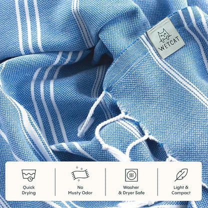 WETCAT Turkish Hand Towels with Hanging Loop, Set of 2 (20" x 30") 100% Turkish Cotton, Pre-Washed, Quick Drying, for Kitchen or Bathroom - Blue