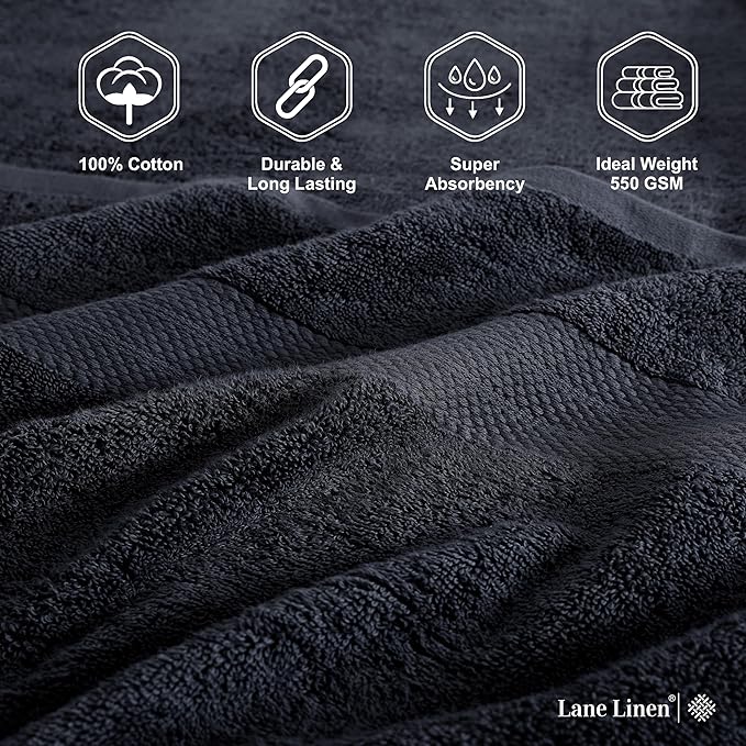 LANE LINEN 100% Cotton Luxury Bath Towel Set - 6 Pieces - Ring Spun, Super Soft & Highly Absorbent - 2 Bath, 2 Washcloths, 2 Hand Towels for Bathroom - Holds Well After Multiple Washes - Black