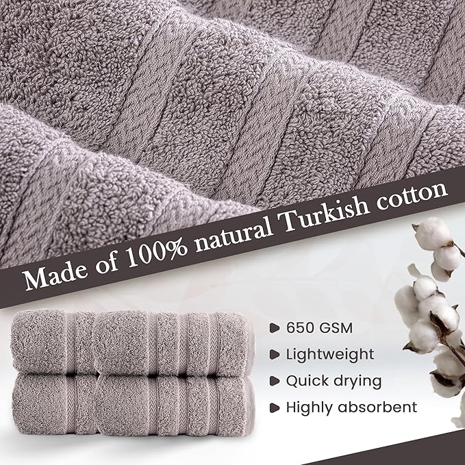 HALLEY Turkish 4 Pack Premium Hand Towels (4 Pieces) 650 GSM Highly Absorbent Super Soft 100% Cotton - 4 Hand Towels (Gray)