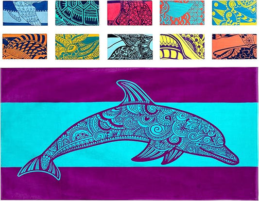Nova Blue Dolphin Beach Towel – Tropical Blue & Purple Colors with A Unique Design, Extra Large, XL, Pool Towels (34”x 63”) Made from 100% Cotton