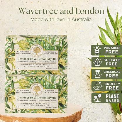 Wavertree & London Lemongrass & Lemon Myrtle Scented Natural Soap (2 Bars), 7oz Moisturizing French Triple Milled Soap Bars enriched with shea butter - Pure Plant Oil Bath & Body Soap Bars