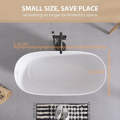SJ STAR&JANE 47" Solid Surface Freestanding Bathtub Modern Stone Resin Oval Soaking Tub with Side Drain in Matte White