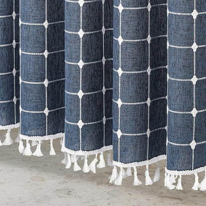 MitoVilla 72 x 84 Navy Blue Boho Extra Long Shower Curtain, Farmhouse 84 inch XL Polyester Linen Texture Tassel Fabric Shower Curtain Set with Hooks for Cottagecore Country Bathroom Decor