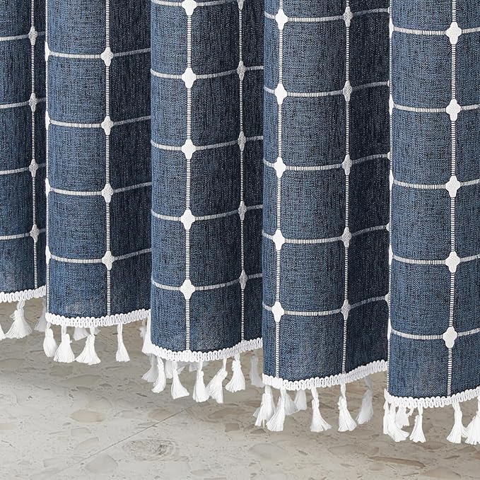 MitoVilla Navy Blue 36 x 72 Boho Small Stall Shower Curtain, Narrow Polyester Linen Fabric Shower Curtains for Farmhouse Bathroom Decor, Half Size Cloth Shower Curtain Set with Hooks