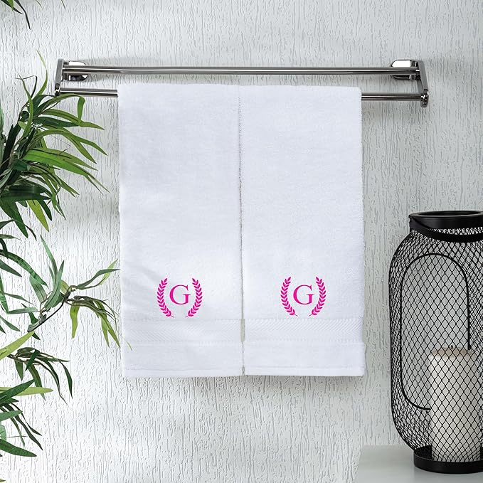 Monogrammed Hand Towels for Bathroom Makeup, Personalized Turkish Cotton Towel with Embroidery, Gift for Weddings, Housewarming, Anniversaries, and Bridal Showers, Set of 2 (Hot Pink, Initial G)