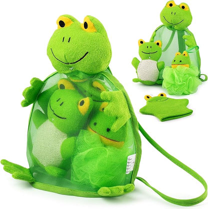Baby Bath Set – Soft & Durable Frog-Themed Loofah Scrubber Kit – Cute Cartoon Bathing Accessories for Kids – Gentle Exfoliating Wash Mitt & Body Scrubber – Easy to Use