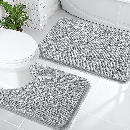 OLANLY Bathroom Rugs Sets 2 Piece, Soft Absorbent Chenille Bath Mats and U-Shaped Contour Toilet Mat Area Rug Set, Machine Washable Bath Carpet, Home Decor Accessories(30"x20"+24"x20", Light Grey)