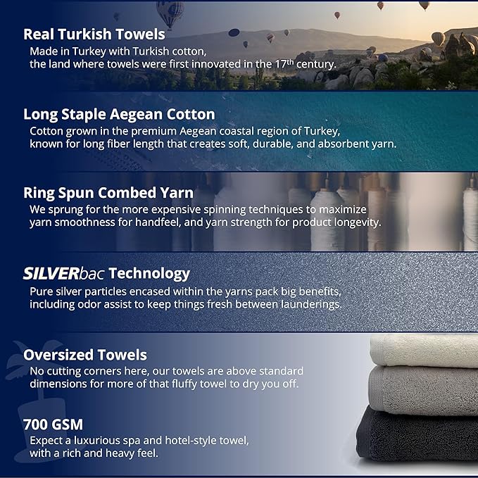 Lincoln & Palm 3 Piece Turkish Towels Set, Thick, Soft, Plush 700 GSM Spa & Hotel Quality, Silver Infused SILVERbac | Bath 58x30, Hand 30x16, Face Wash Cloth 13x13 (3 Piece Towel Set, Ivory)
