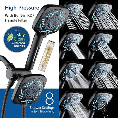 6-way High Pressure 82 Spray Mode Filtered Showerhead Combo - Handheld Shower Head Filters Chlorine to Heal Dry Skin, Revive Hair - Dual Power Wash Cleans Tub, Tile, Pets - Hard Water Softener, Black