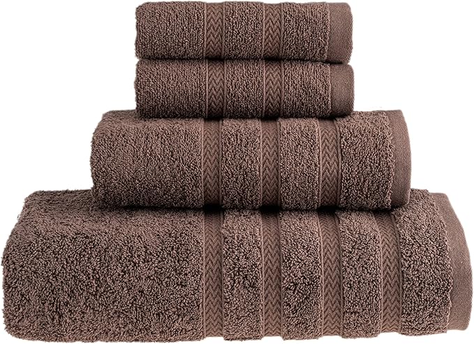 HALLEY Turkish Towels Set (4 Pieces) 650 GSM Highly Absorbent Super Soft 100% Cotton - 1 Bath Towel 1 Hand Towel 2 Washcloths (Brown)