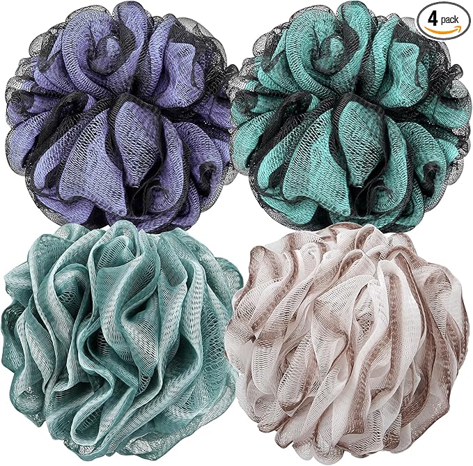 Bath Shower Loofah Sponge 60g Bath Mesh Pouf Shower Ball Body Scrubber Exfoliating Bath Sponge for Women and Men, Set of 4, Colorful Grey