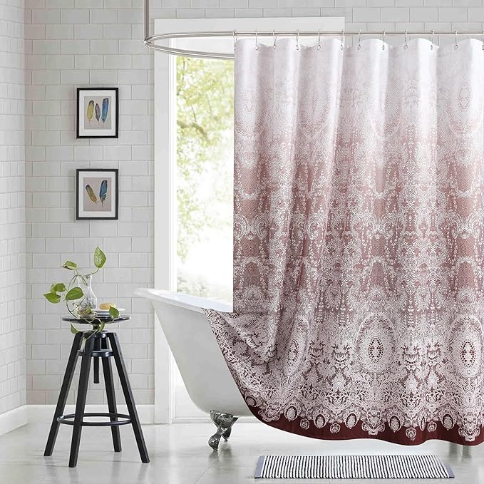 Extra Long Shower Curtain - Chantilly Lace Design, Heavyweight Polyester, Burgundy to White Ombre, 72" W x 84" H