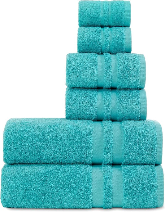 Premium 6 Piece Towel Set, 2 Bath Towel, 2 Hand Towels, 2 Washcloths, 100% Turkish Cotton Soft Absorbent Towels (Turquoise, 6 Piece Towel Set)