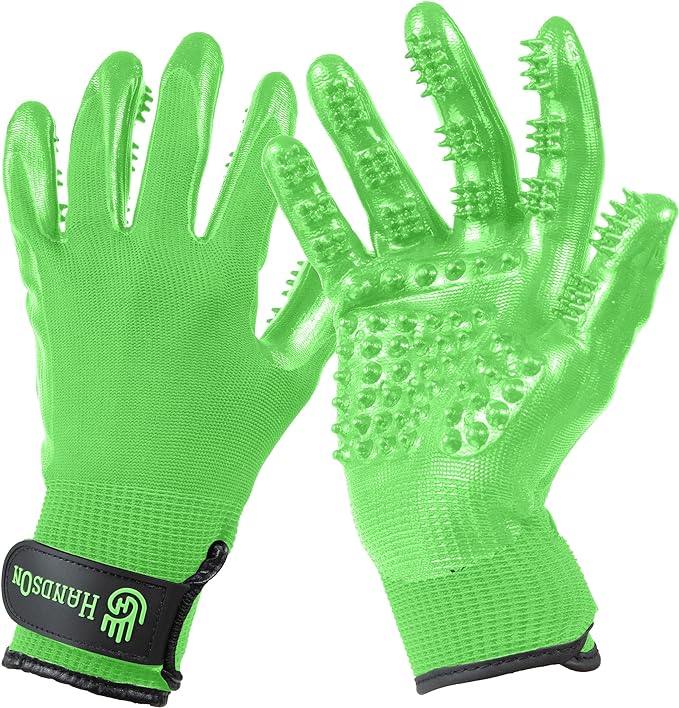 H HANDSON Pet Grooming Gloves - Patented #1 Ranked, Award Winning Shedding, Bathing, & Hair Remover Gloves - Gentle Brush for Cats, Dogs, and Horses (Mono Green, X-Large)